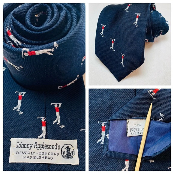 Johnny Appleseed’s Golf Motif Repp‎ Tie Navy Blue Prep Traditional Beverly Mass - Picture 1 of 7